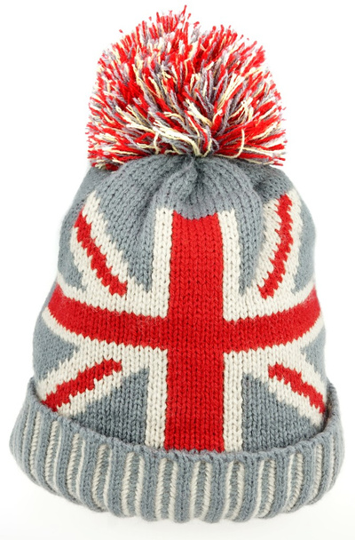 Chapeau en laine tricoté avec drapeau Union Jack isolé sur blanc
 - Photo, image