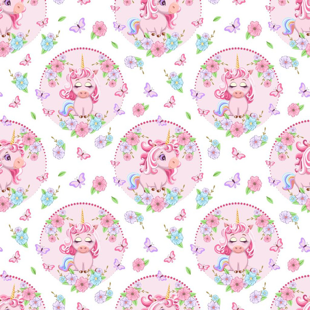 Seamless baby pattern cute pink unicorns on white background flowers and butterflies. Cartoon drawing style. Design greeting card, birthday card, textile, fabric, scrapbooking, cover, packaging, paper, printing. Vector illustration  - Vector, Imagen