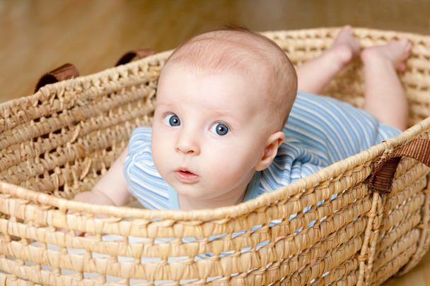 Surprised Little boy lying in wicker basket - Zdjęcie, obraz