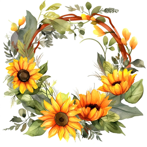Una corona de flores con girasoles. Ilustración en acuarela. Aislado sobre fondo blanco. - Foto, Imagen