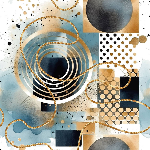 Geometric shapes modern watercolor seamless pattern. Painted hand drawn watercolor spots dirty vector background. Trendy arrangement colorful art design. Grunge endless texture. Circles, squares, rope - Vettoriali, immagini