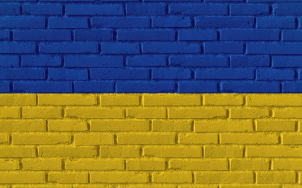 Ukraina kraj narodowy flaga malarstwo na starej cegły teksturowane ściany z pęknięciami i betonu koncepcja 3d renderowania obraz realistyczny sztandar tła - Zdjęcie, obraz