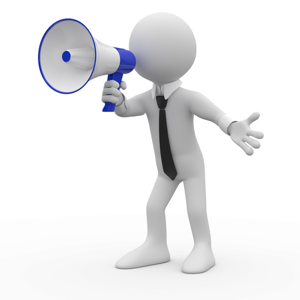 Man talking on a white and blue megaphone - Photo, Image