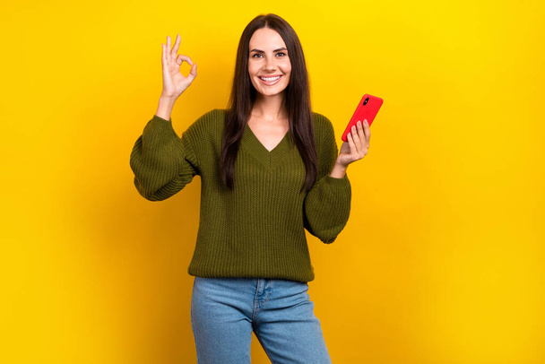 Photo of confident cool woman dressed khaki sweater showing okey gesture chatting modern device isolated yellow color background. - Fotó, kép