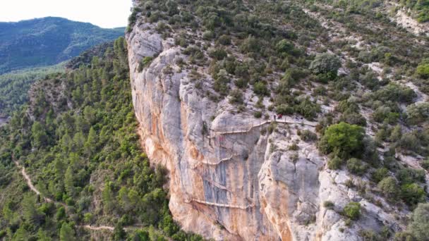 Panoramique belle vue aérienne vertigineuse de l'escalier en bois à la falaise rocheuse dans le cadre du sentier de randonnée dans la gorge de Congost de Montrebei entouré de végétation sur la rivière en Catalogne, Pyrénées, Espagne. 4K  - Séquence, vidéo
