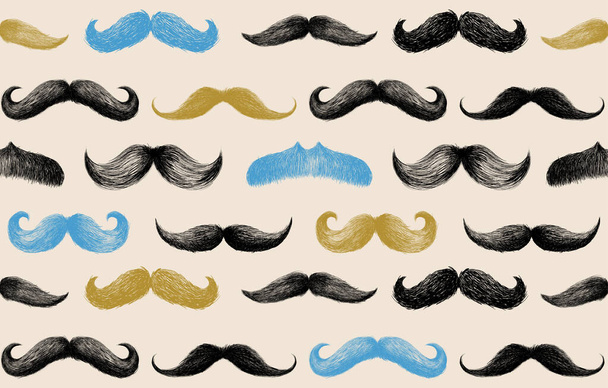 Seamless Mustache background. Lots of hand drawn male mustaches on a light background background. Horizontal vector illustration. Blue, black and gold mustache silhouettes for fabric textile design. - Vector, Image
