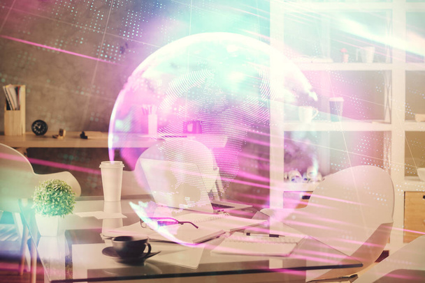 Double exposure of tech theme drawings and office interior background. Technology concept. - Foto, Imagen