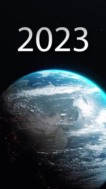 Composição vertical com o planeta Terra e número 2023 acima. Ano Novo tema 3d animação - Filmagem, Vídeo