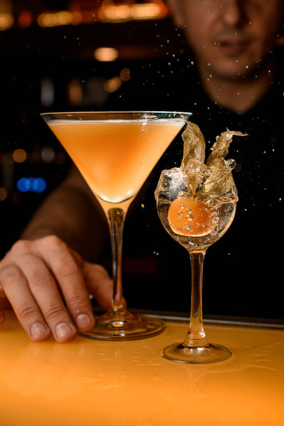 Personal bartender serving two alcoholic drinks: glass with champagne with physalis fruit inside of it and fresh martini cocktail - 写真・画像