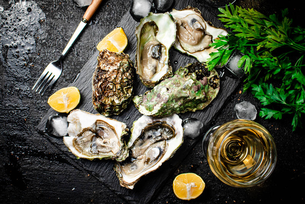 Fresh oysters with greens. On a black background. High quality photo - Foto, Imagen