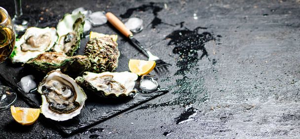 Raw oysters on a stone board. On a black background. High quality photo - 写真・画像