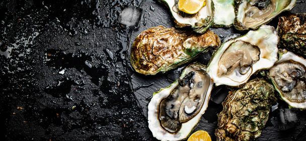 Raw oysters on a stone board. On a black background. High quality photo - Foto, Imagem
