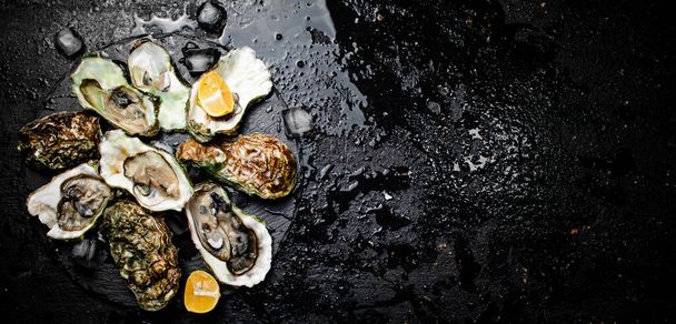 Raw oysters on a stone board. On a black background. High quality photo - Φωτογραφία, εικόνα