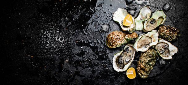 Raw oysters on a stone board. On a black background. High quality photo - Foto, immagini