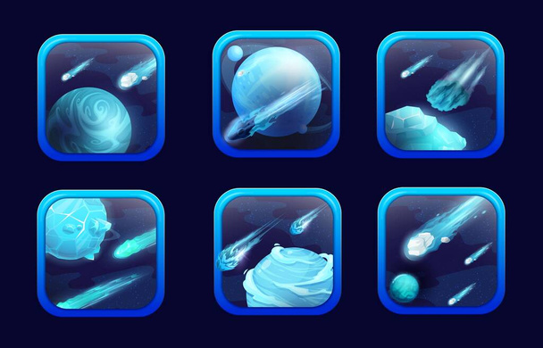 Cartoon space game app icons. Blue and turquoise planets and asteroids creating an immersive and exciting gameplay experience. Vector gui interface menu elements, square buttons with rounded corners - Wektor, obraz