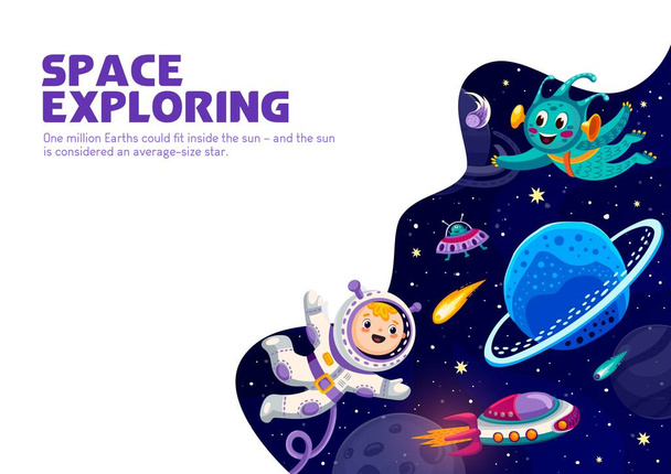 Cartoon space poster, kid astronaut and alien in outer space. Astronomy and space travel vector flyer or banner with alien and boy in spacesuit characters flying in outerspace, spaceship and planets - Vektor, kép
