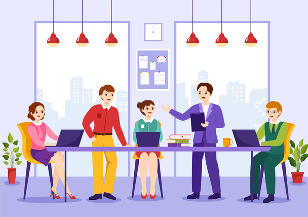 Coworking Business Vector Illusztráció kollégákkal Beszélgetés, találkozó és munka az irodában lapos rajzfilm kézzel húzott oldal sablonok - Vektor, kép