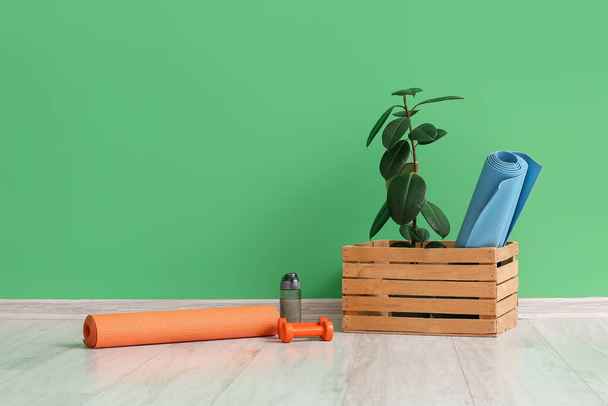 Tapetes de ioga com garrafa, halteres e planta de sala perto de parede verde no ginásio - Foto, Imagem