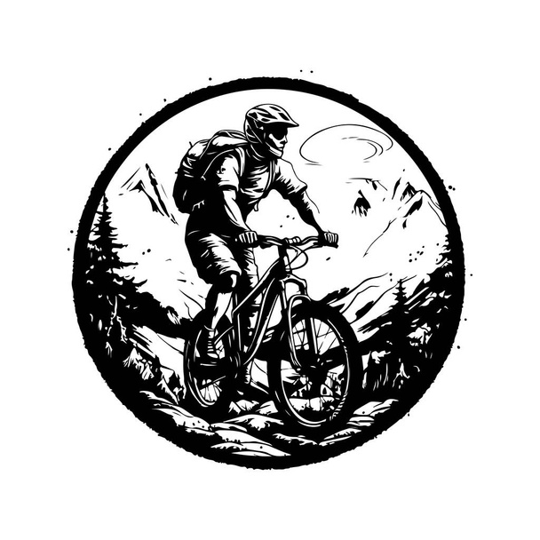 ciclismo de montaña deporte extremo, concepto de arte de línea de logotipo vintage color blanco y negro, ilustración dibujada a mano - Vector, Imagen