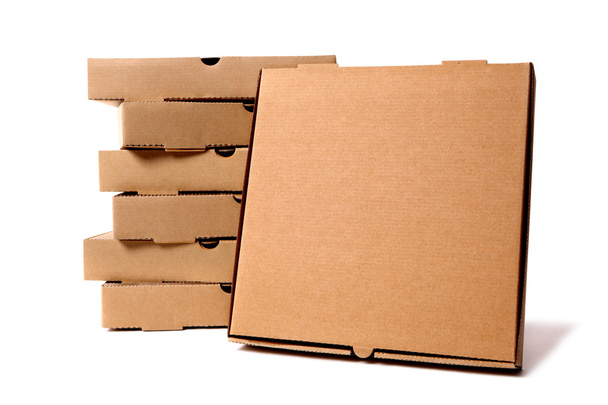 Pila de cajas de pizza marrón con caja de visualización
 - Foto, imagen