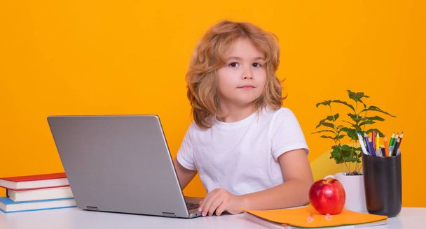 Παιδί του σχολείου που χρησιμοποιεί φορητό υπολογιστή. Μαθαίνοντας μαθητές στην τάξη, μελετώντας Αγγλικά στο σχολείο. Παιδί του δημοτικού σχολείου. Πορτρέτο της εκμάθησης αστεία μαθητή - Φωτογραφία, εικόνα