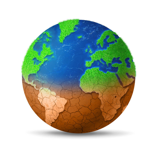 World globe drying out due to global warming. Isolated on white background. Environmental protection symbol. 3D illustration - Foto, Imagen