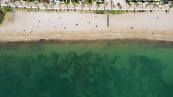 Luftaufnahmen von einem Strand namens Playa de San Antonio, Ibiza in der Stadt Sant Antoni de Portmany auf der Insel Ibiza auf den Balearen Spanien im Sommer. - Filmmaterial, Video