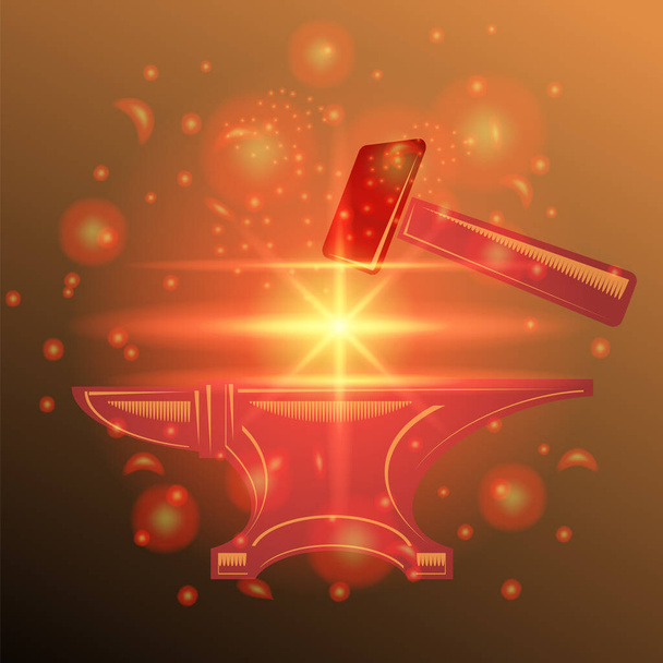 Anvil and Hammer Icon with Yellow Red Flash and Stars on Dark Blurred Background. Industrial Logo Design. - Photo, Image