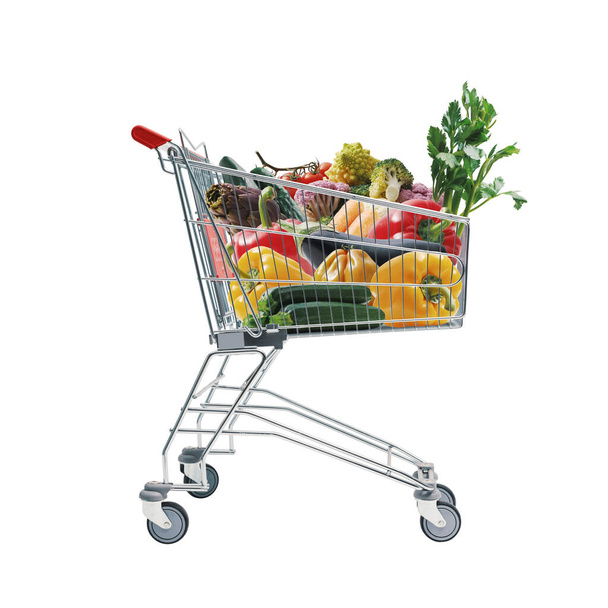 Taze sebze dolu alışveriş arabası: market alışverişi, satış ve sağlıklı gıda konsepti - Fotoğraf, Görsel