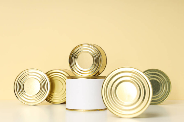 Canned food in blank metal jars, concept of canned food - Foto, Imagem