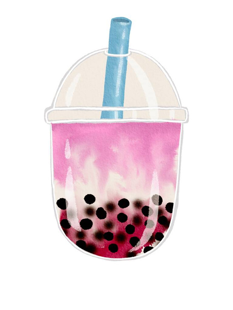 Watercolor Painting of Bubble Strawberry Milk Drink - Photo, Image