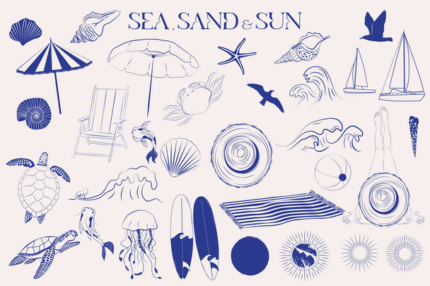 Sea life, beach items and sun collection in sketch style. Summer icons. Editable vector illustration. - Вектор,изображение