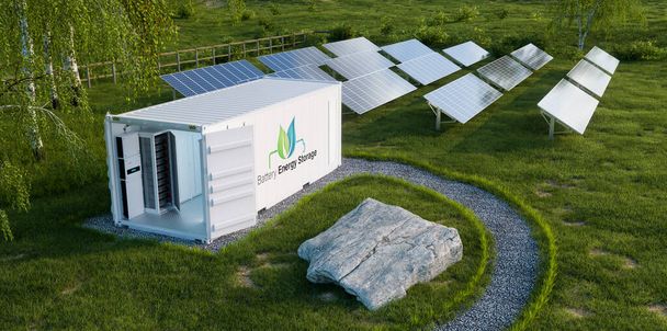 Vista detalhada do armazenamento de energia da bateria localizado em um recipiente industrial aberto em um gramado exuberante com uma usina fotovoltaica em segundo plano. Renderização 3d. - Foto, Imagem