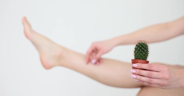 Frau berührt Bein sanft und hält Kaktus auf weißem Hintergrund. Kranke Frauen spüren Schmerzen in der Beinmuskulatur. Person leidet an Krampfadern - Filmmaterial, Video
