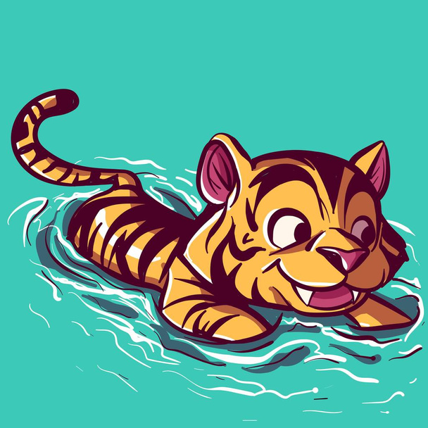 Art numérique d'un petit tigre apprenant à nager dans une piscine. Natation d'animaux sauvages dans une rivière, illustration vectorielle. - Vecteur, image