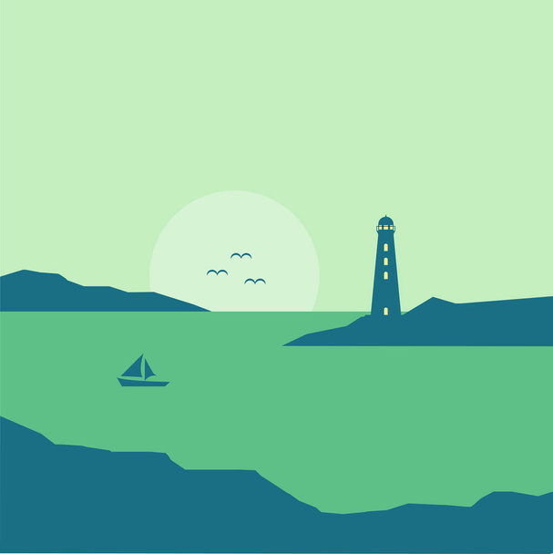 Leuchtturm am Meer mit flacher Vektordarstellung bei Sonnenaufgang oder Sonnenuntergang - Vektor, Bild