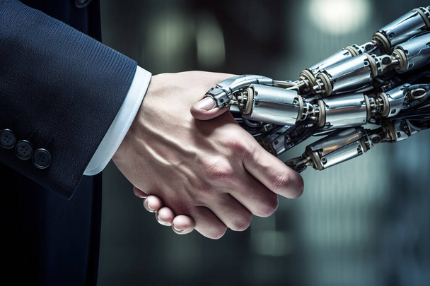 Hand shake of businessman and robot. Close up on hands. Moody background. - Photo, Image