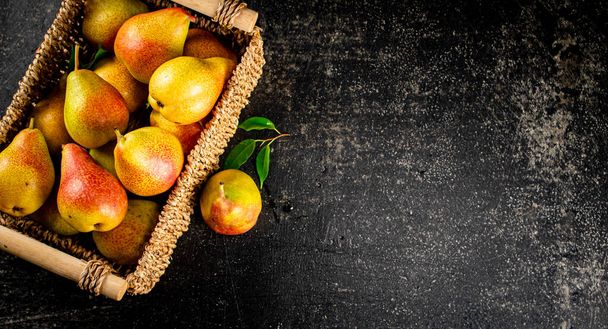 Fresh pears in a basket. On a black background. High quality photo - Fotografie, Obrázek