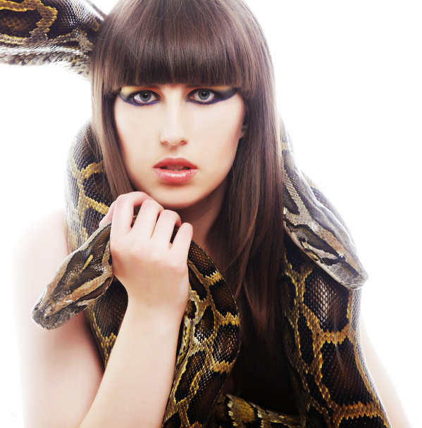 Beautiful woman holding Python - Foto, Imagem