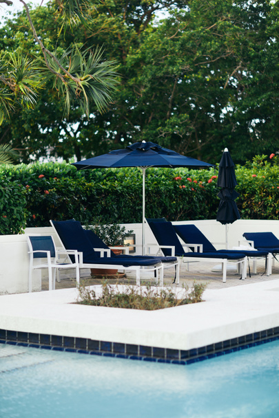 luxus üdülőhely, nyaralás és nyaralás koncepció, napozóágyak és szabadtéri székek közelében kék esernyők körül zöld pálmafák és trópusi növények mellett szabadtéri medence a szállodában, nyáron - Fotó, kép