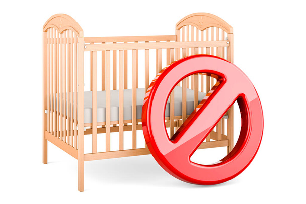 Łóżeczko dziecięce, łóżko niemowlęce z zakazanym symbolem. Rendering 3D izolowany na białym tle  - Zdjęcie, obraz