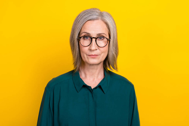 Portrait of ceo boss business lady in spectacles look in camera listen to employees isolated on shine color background. - Photo, Image