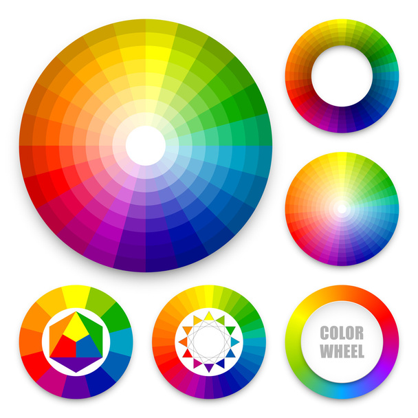 Conjunto de ruedas de color. Armonía del color. Teoría del color. Círculos espectrales multicolor
 - Vector, imagen