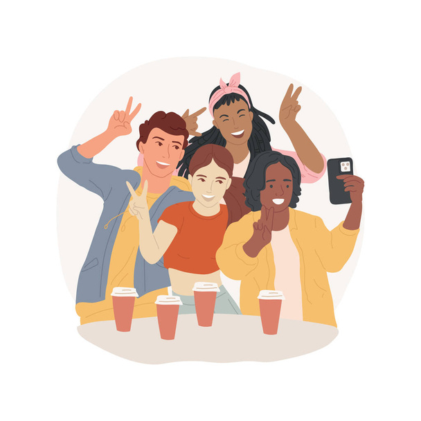 Hacer selfies divertidos ilustración vectorial de dibujos animados aislados. Adolescentes felices tomando selfie y divertirse, comunicación en las redes sociales, creación de contenido, coleccionar seguidores vector de dibujos animados. - Vector, Imagen