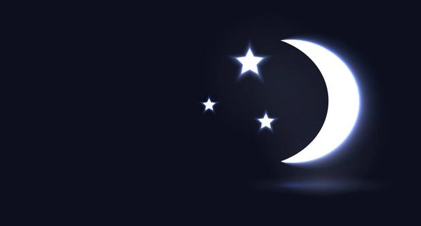 Neon Glow Crescent twórcze tło powitalne dla Ramada, Przygotuj się na Ramadan świętego miesiąca. Bajkowy neon księżyc z gwiazdami na czarnym tle - Wektor, obraz