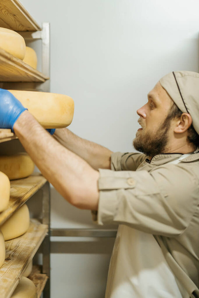cheese maker in uniform at cheese production man in warehouse with wooden shelves full cheese heads takes cheese - Zdjęcie, obraz