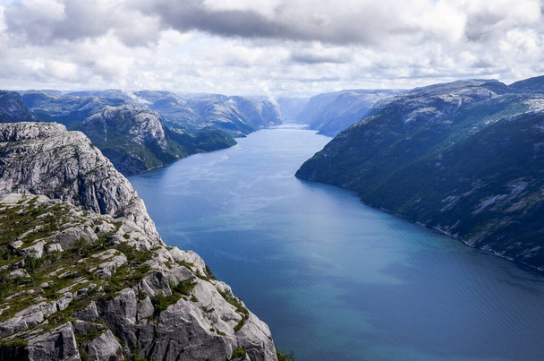 Lysefjorden from Preikestolen in Norway with the clouds in the sky, Northern Europe, Scandinavia - Photo, Image