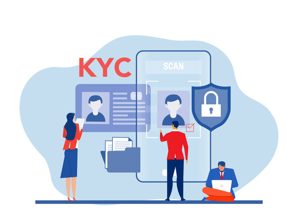 KYC oder kennen Sie Ihren Kunden mit Geschäft, das die Identität des Konzepts seines Kunden bei den zukünftigen Partnern durch ein Vergrößerungsglas der Unternehmensidentifikation und Sicherheit überprüft. - Vektor, Bild