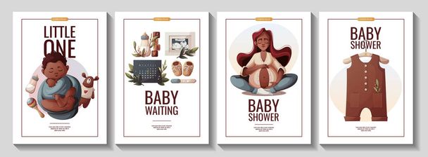 Set of flyers with pregnant woman, newborn boy, baby clothes, ultrasound baby picture, positive pregnancy test. Motherhood, Pregnancy, baby waiting, baby shower concept. A4 Vector Illustrations. - Vector, Image