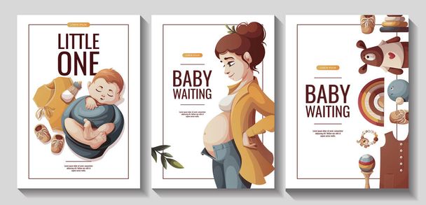 Set of flyers with pregnant woman, newborn baby boy, baby clothes and toys. Motherhood, Pregnancy, Childbirth, baby waiting, baby store concept. A4 vector Illustration for poster, banner, flyer. - Vector, Image